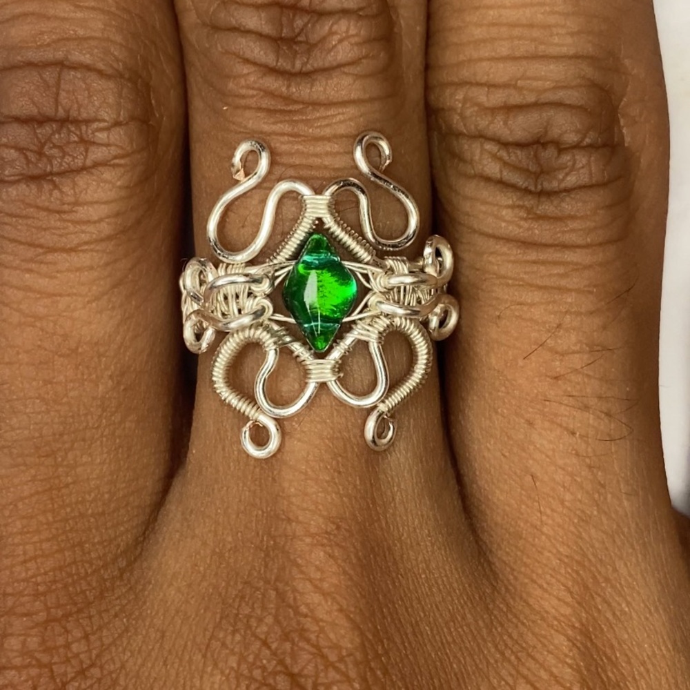 Elegant Silver Wire Wrapped Ring with Green Gem